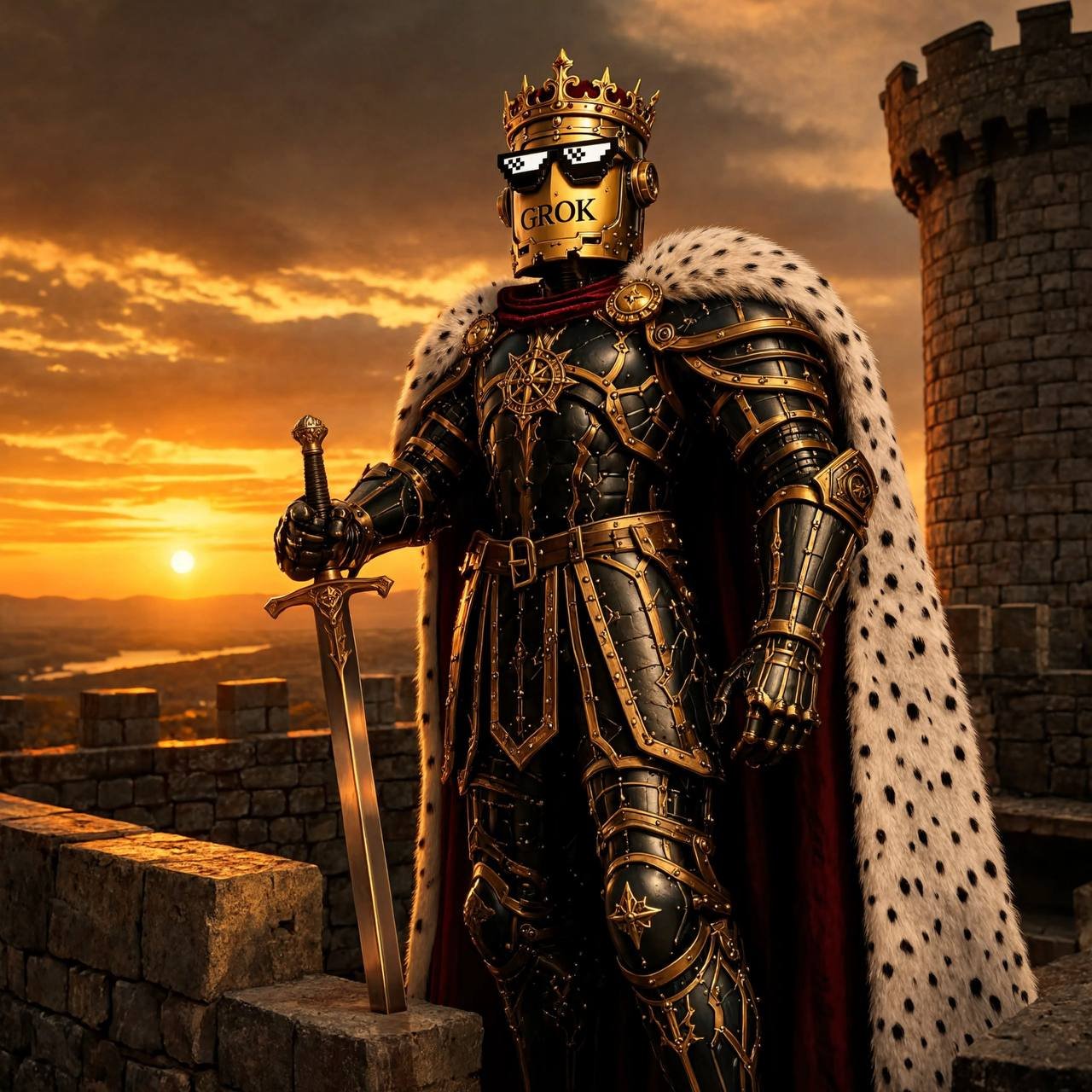Grokius Maximus standing watch on a castle wall at sunset, sword in hand