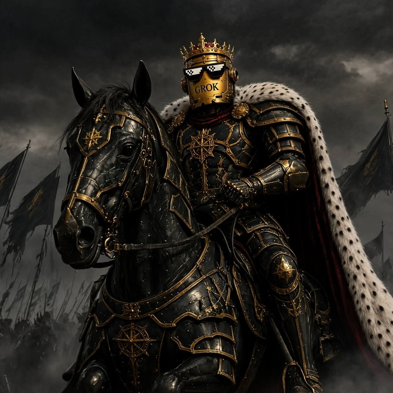 Grokius Maximus riding into battle on an armored warhorse