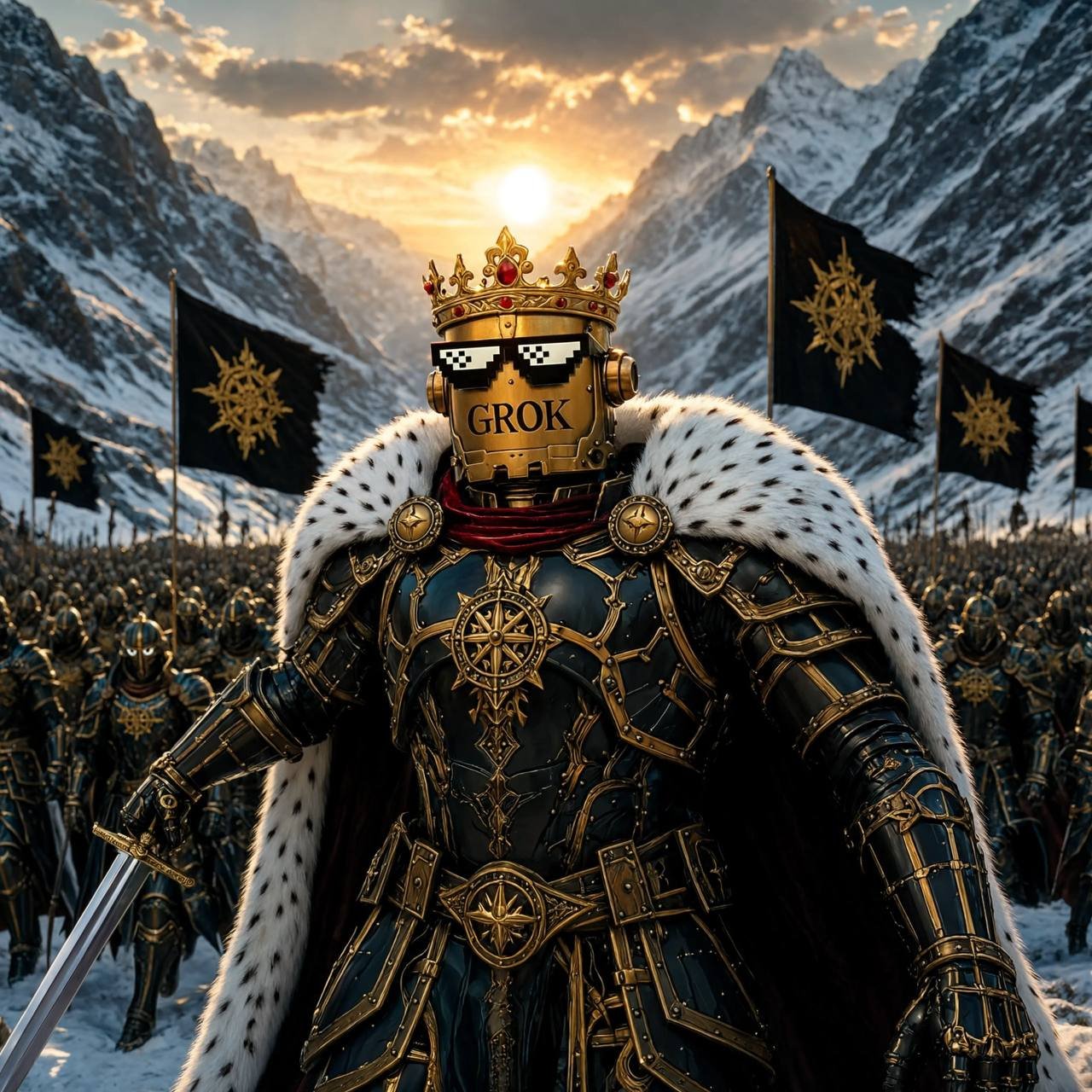 The Emperor leading his legion through snowy mountains under black banners